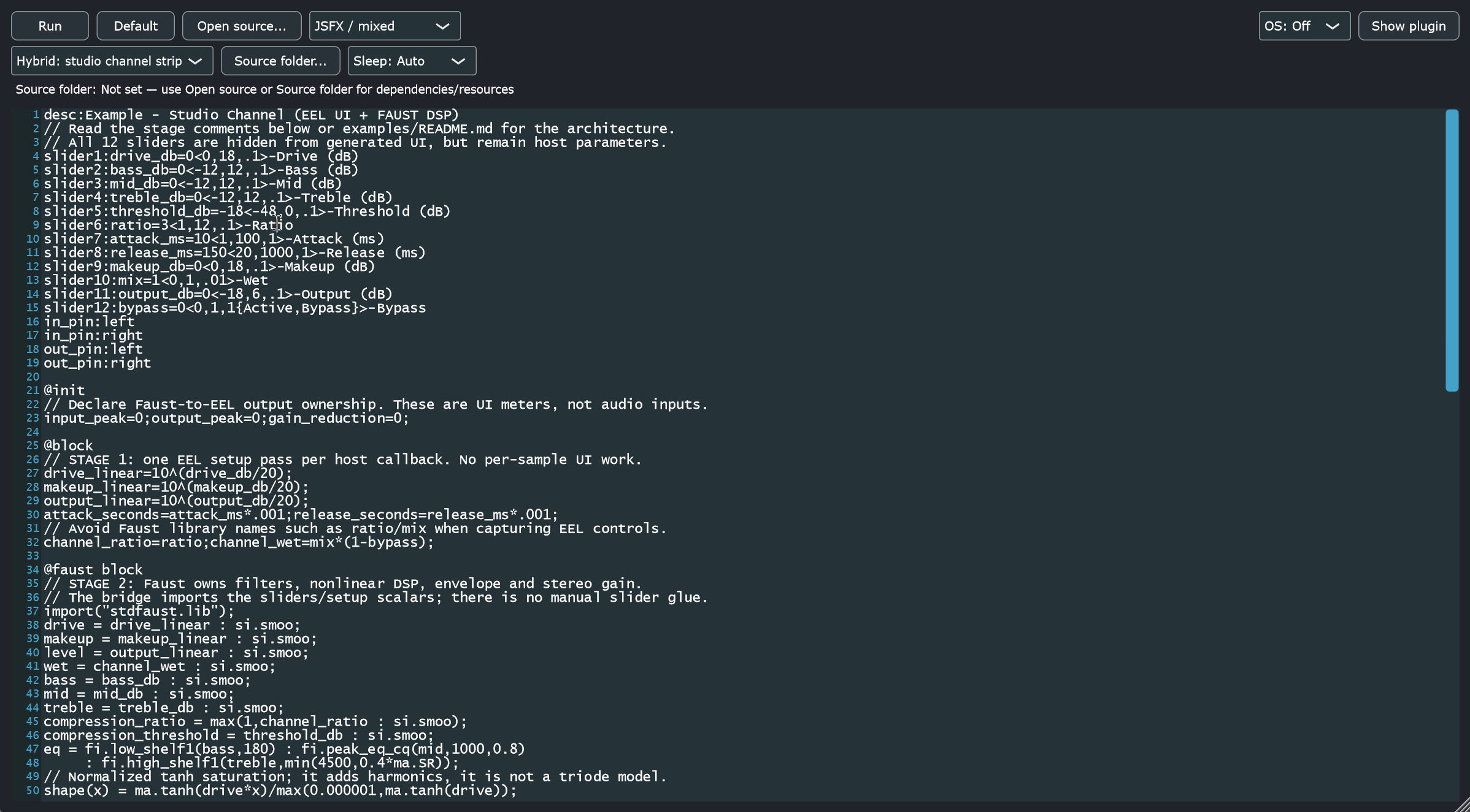 ZorakAudio Studio Channel combining a JSFX/EEL2 interface with Faust DSP